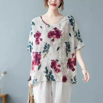 DIMANAF 2024 летние женские футболки больших размеров с цветочным принтом, топы с короткими рукавами, футболки, свободная повседневная льняная рубашка