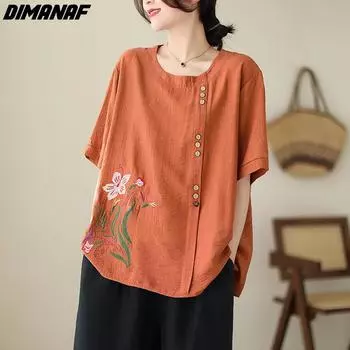 DIMANAF 2024 летние женские футболки больших размеров с цветочной вышивкой, элегантные топы с короткими рукавами, футболки, свободные повседневные хлопковые рубашки