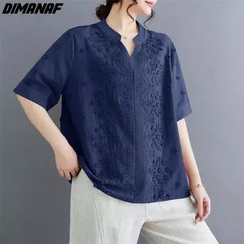 DIMANAF 2024 летние женские футболки больших размеров, рубашки с коротким рукавом, кружевные, цветочные, элегантные, свободные, повседневные, тонкие, однотонные, блузки, топы
