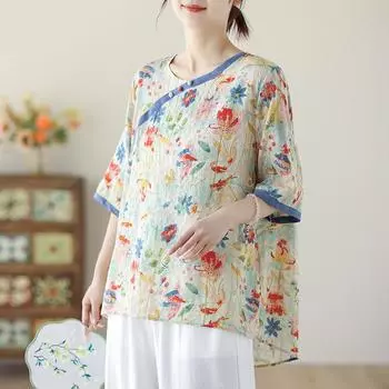 DIMANAF 2024 летние женские футболки больших размеров с цветочным принтом, топы с короткими рукавами, футболки, свободная повседневная льняная рубашка 5261