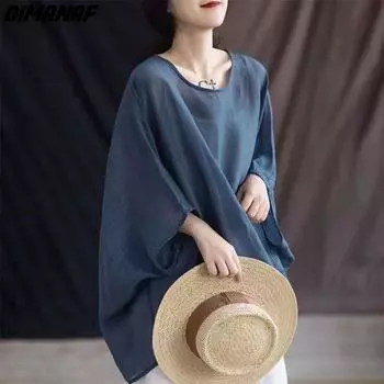 DIMANAF 2024 летние женские футболки больших размеров, новые элегантные топы с рукавами «летучая мышь», футболки, свободные повседневные винтажные блузки, тонкие рубашки