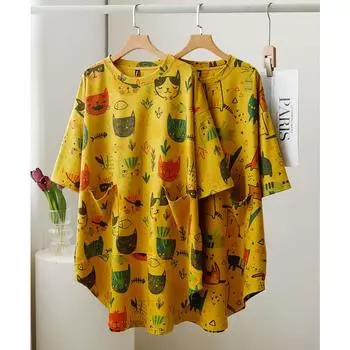 DIMANAF 2024 Летние женские футболки больших размеров с рисунком кота, хлопковые мягкие топы с круглым вырезом, футболки, свободная повседневная одежда, свободные топы с кавайным принтом, желтая футболка ONE SIZE