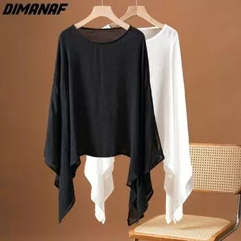 DIMANAF 2024, летние женские футболки больших размеров, однотонные льняные топы с круглым вырезом, футболки, свободные повседневные белые, черные One Size чёрный