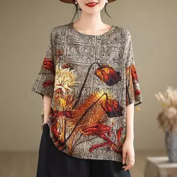 DIMANAF 2024 летние женские футболки больших размеров с цветочным принтом, элегантные топы с рукавами «летучая мышь», футболки, свободная повседневная льняная рубашка 91687