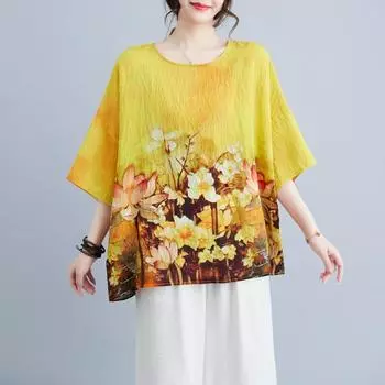 DIMANAF 2024 летние женские футболки больших размеров с цветочным принтом, элегантные топы с рукавами «летучая мышь», футболки, свободная повседневная льняная рубашка 91456