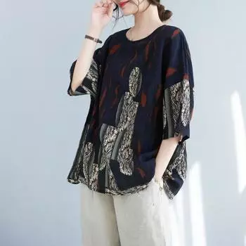 DIMANAF 2024 летние женские футболки больших размеров с цветочным принтом, элегантные топы с рукавами «летучая мышь», футболки, свободная повседневная льняная рубашка 91451
