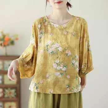 DIMANAF 2024 летние женские футболки больших размеров с цветочным принтом, элегантные топы с рукавами, футболки, свободная повседневная льняная рубашка