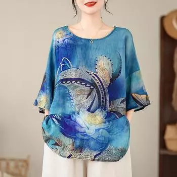 DIMANAF 2024 летние женские футболки больших размеров с цветочным принтом, элегантные топы с рукавами «летучая мышь», футболки, свободная повседневная льняная рубашка 91704