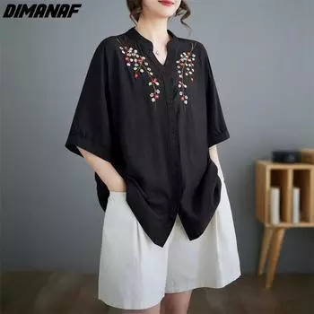 DIMANAF 2024 летние женские футболки больших размеров женские рубашки с цветочной вышивкой новые футболки свободные повседневные топы больших размеров из хлопка