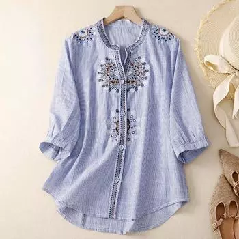 DIMANAF 2024 летние женские футболки больших размеров с цветочной вышивкой, элегантные топы, футболки, свободная повседневная льняная рубашка