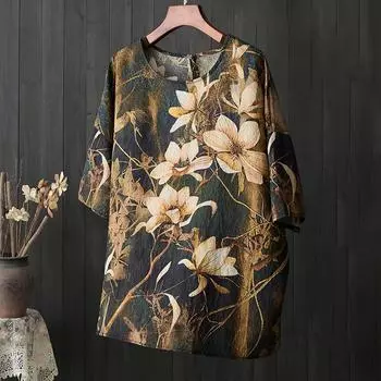 DIMANAF 2024 летние женские футболки больших размеров с цветочным принтом, элегантные топы с рукавами «летучая мышь», футболки, свободная повседневная льняная рубашка 5513 One Size