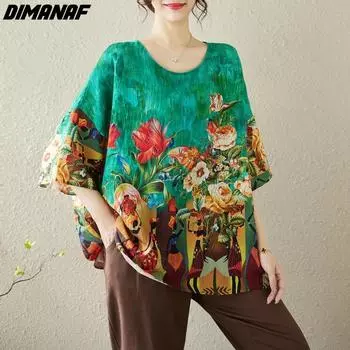 DIMANAF 2024 летние женские футболки больших размеров с цветочным принтом, элегантные топы с рукавами «летучая мышь», футболки, свободная повседневная хлопково-льняная рубашка