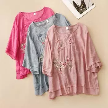 DIMANAF 2024 летние женские футболки больших размеров с цветочным принтом, винтажные элегантные топы с короткими рукавами, футболки, свободная повседневная льняная рубашка