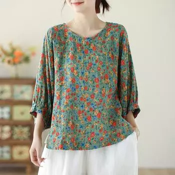DIMANAF 2024 летние женские футболки больших размеров с цветочным принтом, элегантные топы с рукавами, футболки, свободная повседневная льняная рубашка 5301