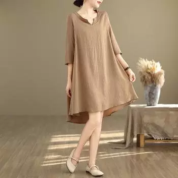 DIMANAF 2024 летние женские футболки больших размеров с принтом, однотонные элегантные льняные топы с рукавами, свободные повседневные рубашки с v-образным вырезом