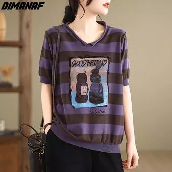 DIMANAF 2024 летние женские футболки летние эластичные трикотажные рубашки с короткими рукавами и принтом топы футболки свободные повседневные