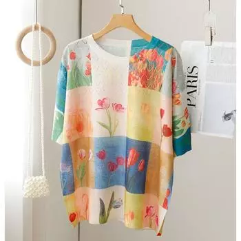 DIMANAF 2024 летние женские футболки летние стильные рубашки с принтом красочные цветочные элегантные футболки свободные повседневные топы One Size