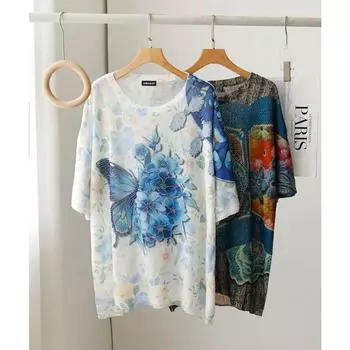 DIMANAF 2024 Летние женские футболки Летние стильные рубашки с цветочным принтом со стразами Элегантные женские топы Футболки Свободные повседневные белые, синие