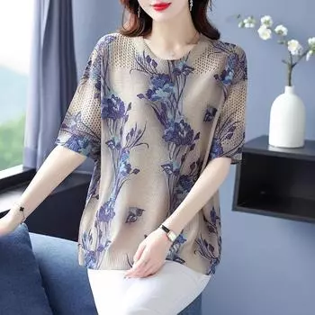 DIMANAF 2024 летние женские футболки летние стильные рубашки с цветочным принтом и круглым вырезом элегантные женские полые топы футболки свободные повседневные