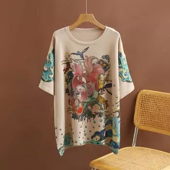 DIMANAF 2024 летние женские футболки летние стильные рубашки с принтом горный хрусталь мультфильм элегантные женские топы футболки свободные повседневные 750