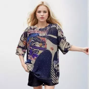 DIMANAF 2024 Летние женские футболки Летние стильные рубашки с цветочным принтом со стразами Элегантные женские топы Футболки Свободные повседневные белые синие 05