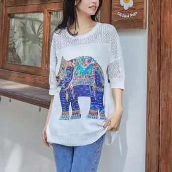 DIMANAF 2024 летние женские футболки летние стильные рубашки с принтом слона со стразами и цветочным принтом элегантные женские топы футболки свободные повседневные