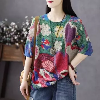 DIMANAF 2024 летние женские футболки летние стильные рубашки с цветочным принтом элегантные женские топы футболки свободные повседневные 674