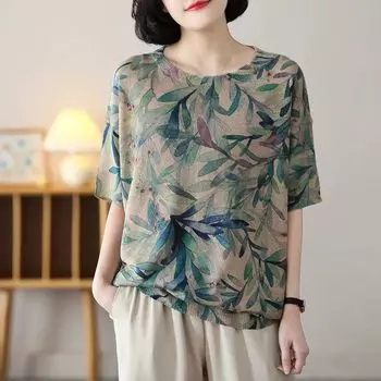 DIMANAF 2024 летние женские футболки летние стильные рубашки с принтом листьев красочные элегантные топы с цветочным принтом футболки свободные повседневные One Size