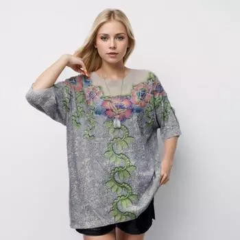 DIMANAF 2024 Летние женские футболки Летние стильные рубашки с цветочным принтом со стразами Элегантные женские топы Футболки Свободные повседневные белые синие 10