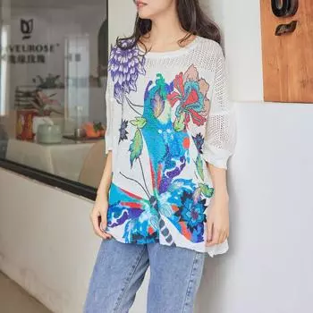 DIMANAF 2024 летние женские футболки летние стильные рубашки с принтом стразы и цветочным принтом элегантные женские топы футболки свободные повседневные