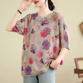 DIMANAF 2024 летние женские футболки летние стильные рубашки с принтом красочные цветочные элегантные футболки свободные повседневные топы 668