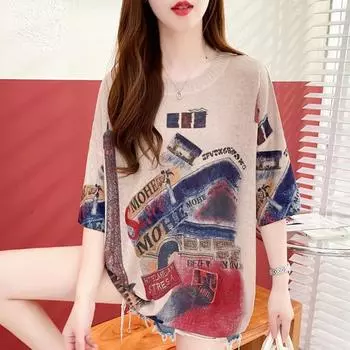 DIMANAF 2024 летние женские футболки летние стильные рубашки с принтом листьев цветочные элегантные красочные топы свободные футболки повседневные