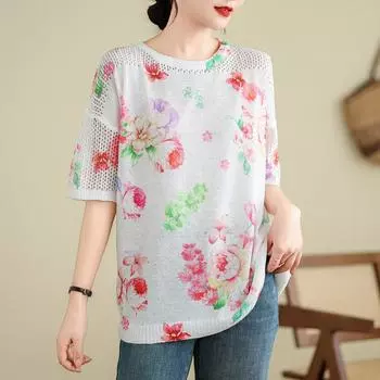 DIMANAF 2024 летние женские футболки летние стильные рубашки с принтом красочные цветочные элегантные футболки свободные повседневные топы 668