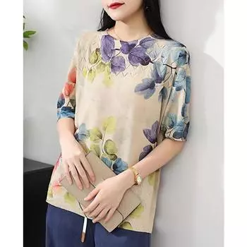 DIMANAF 2024 летние женские футболки летние стильные рубашки с цветочным принтом элегантные футболки свободные повседневные топы красочные 704