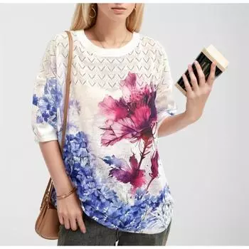 Dimanaf 2024 Летние женские футболки Летние стильные рубашки с принтом Красочные красные синие цветочные футболки Свободные повседневные топы