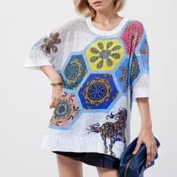 DIMANAF 2024 летние женские футболки летние стильные рубашки с принтом стразы красочные цветочные элегантные топы футболки свободные повседневные