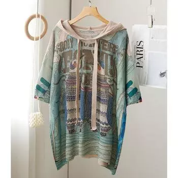 DIMANAF 2024 Летние женские футболки Летний стиль с короткими рукавами Трикотажные рубашки с мультяшным принтом и стразами с капюшоном и цветочным принтом Футболки Свободные повседневные