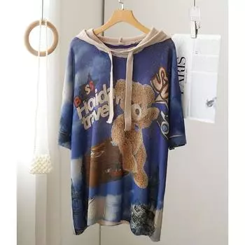 DIMANAF 2024 Летние женские футболки Летний стиль с коротким рукавом Трикотажные рубашки с мультяшным принтом и стразами с капюшоном Синие топы с цветочным принтом Футболки Свободные повседневные