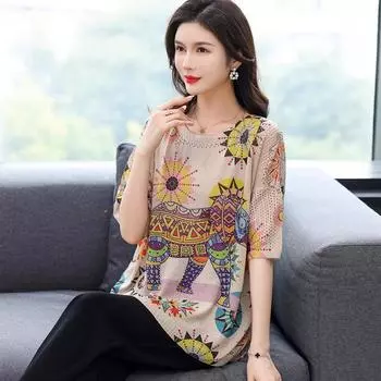 DIMANAF 2024 Летние женские футболки Летний стильный принт с цветочным принтом Элегантные женские топы Футболки Свободные повседневные 674