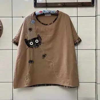 DIMANAF 2024 летние женские льняные футболки больших размеров с котом, клетчатые топы с принтом, футболки, свободная повседневная рубашка