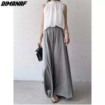 DIMANAF 2024 летние женские однотонные брюки больших размеров с эластичной резинкой на талии, повседневные брюки, свободные широкие брюки, большие длинные брюки