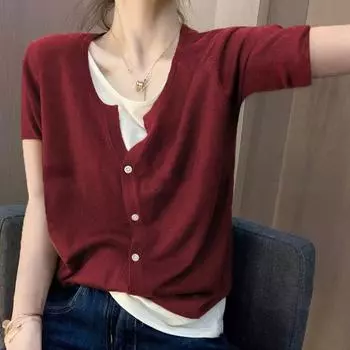 DIMANAF 2024 летние женские свитера, пуловеры, топы, женские, с коротким рукавом, имитация двух частей, трикотажные, с круглым вырезом, базовые однотонные футболки, рубашка