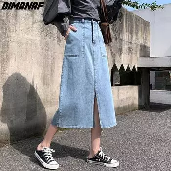 DIMANAF 2024 летние женские юбки больших размеров, повседневные свободные юбки, однотонные хлопковые джинсовые синие длинные юбки