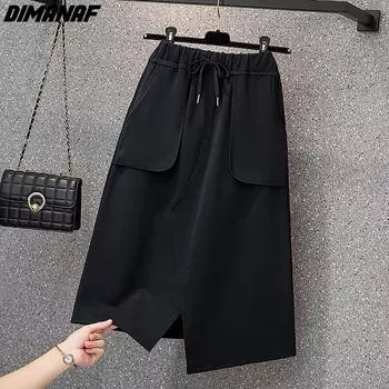 DIMANAF 2024 летние женские юбки больших размеров с эластичной резинкой на талии, юбка-трапеция большого размера, нерегулярная длинная юбка, низ черного цвета