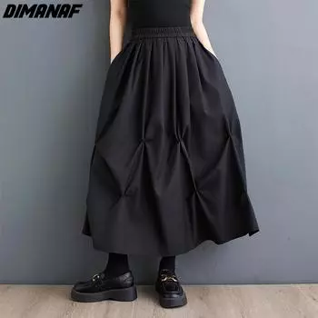 Dimanaf 2024 летние женские юбки, винтажные черные, большие размеры, повседневные однотонные длинные юбки с эластичной резинкой на талии, свободные