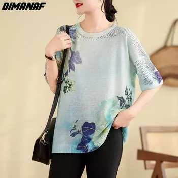 DIMANAF 2024, летние женские вязаные футболки больших размеров, топы с короткими рукавами и цветочным принтом, футболки с круглым вырезом, повседневная свободная рубашка, тонкая