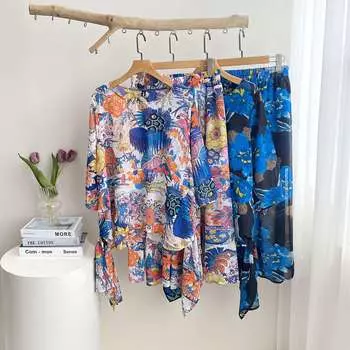 DIMANAF 2024, летний комплект из двух предметов больших размеров, женский шифоновый костюм Vinatge с принтом, элегантные женские топы, свободные брюки, женский костюм, летний синий, розовый
