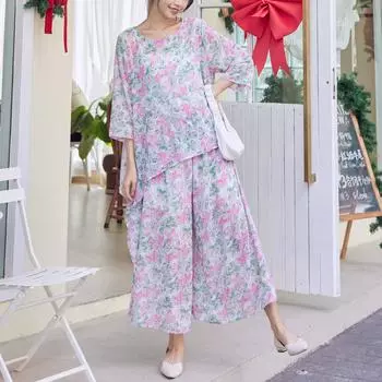 DIMANAF 2024, летний комплект из двух предметов больших размеров, женский шифоновый костюм Vinatge с принтом, элегантные женские топы, свободные брюки, женский костюм, летний синий, розовый