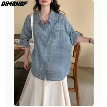 DIMANAF 2024, летняя блузка больших размеров, женская повседневная базовая новая рубашка, свободная клетчатая рубашка с длинными рукавами, топы, футболки, винтажные