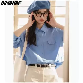 DIMANAF 2024, летняя блузка больших размеров, свободная женская повседневная базовая новая рубашка с длинным рукавом, однотонная дизайнерская рубашка, топы, футболки